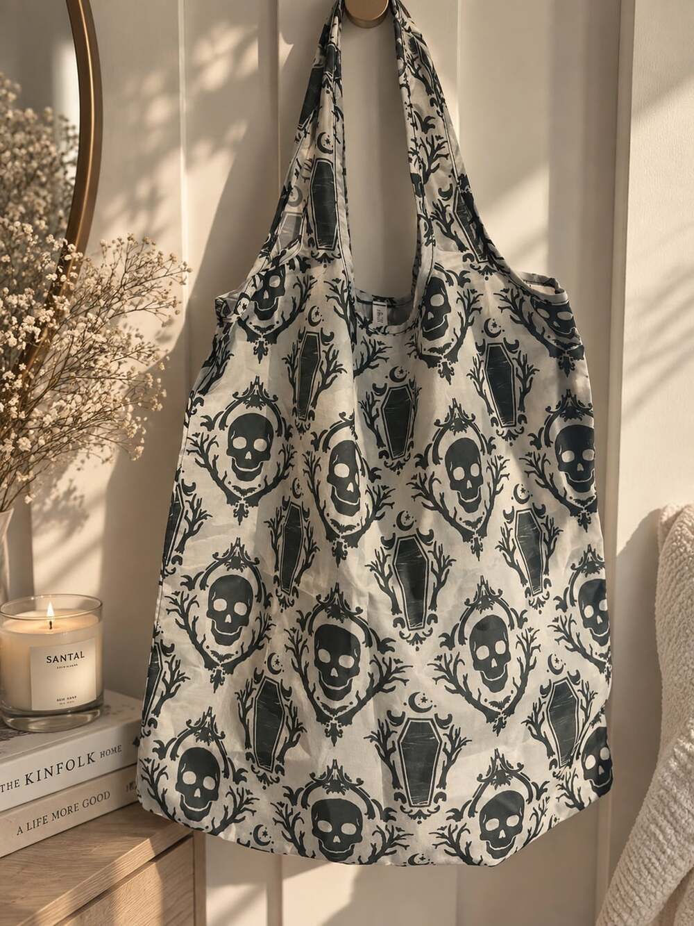 Gothic Skull And Coffin Pattern Reusable Grocery Tote Bag